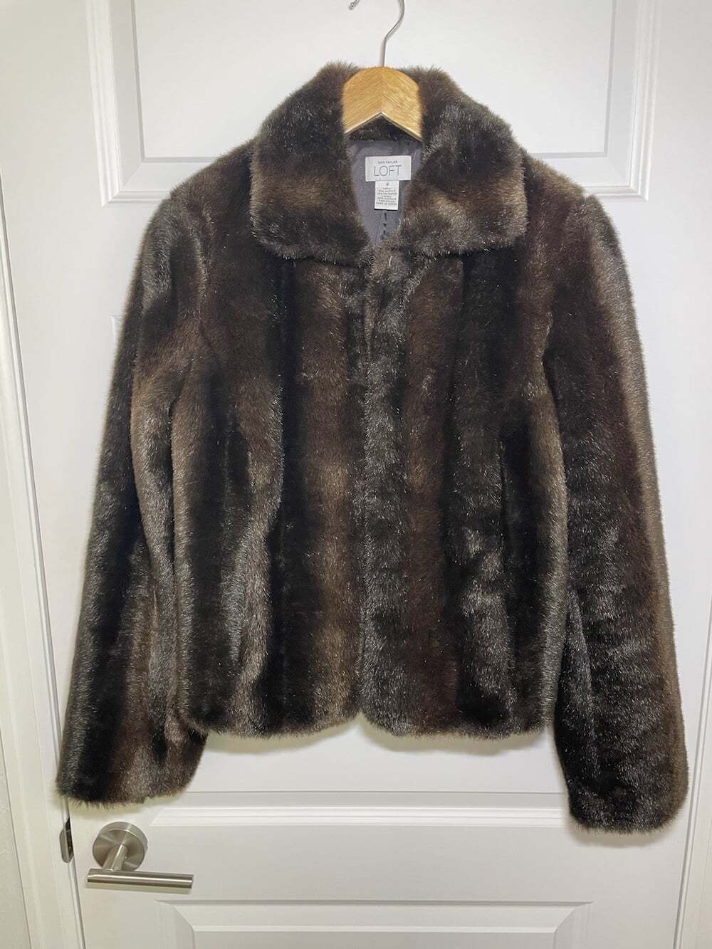 Ann Taylor Loft Faux Fur Coat Size 8 Brown Cropped Mob Wife Glam Y2K Retro EUC